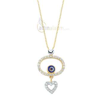 Nazar Boncuklu Kalp Altın Kolye - tg001237