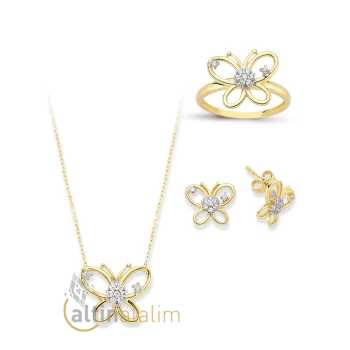 Kelebekli 3 lü Altın Set -14 Ayar- kk03013